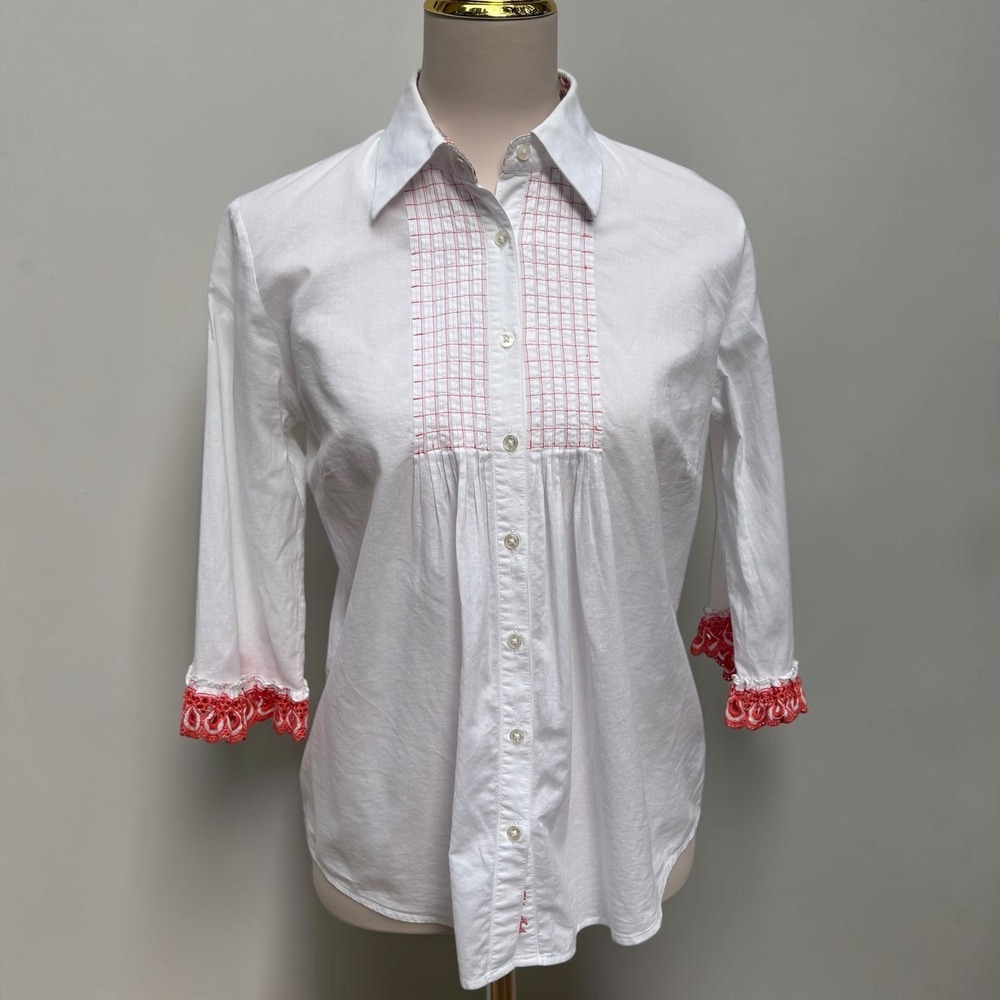Robert Graham Button Down Shirt Sz S White‎ Coral Pleated Crochet Preppy Coastal